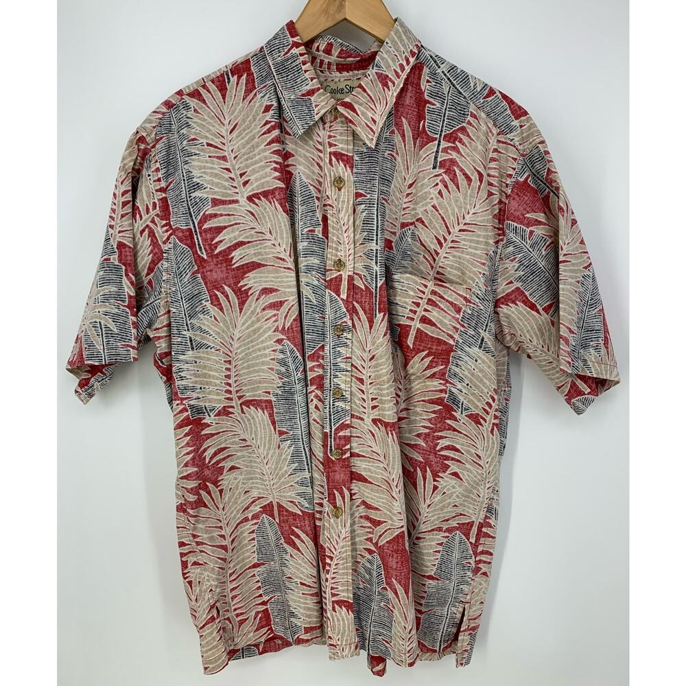 Cooke Street Red Tan Hawaiian Print Button Front Short Sleeve Cotton Shirt Sz XL